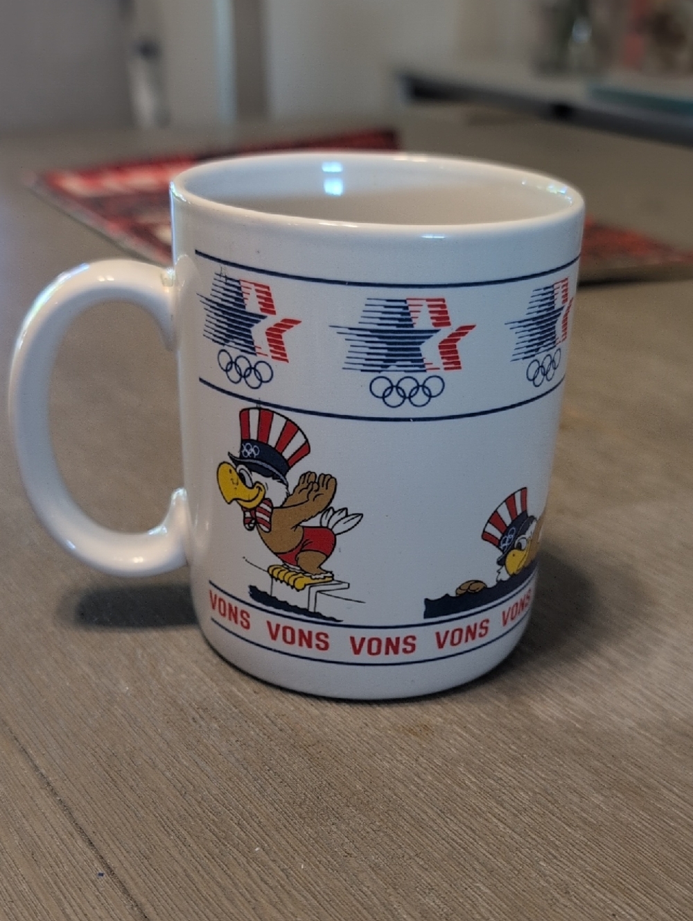 1984 U.S. Olympic Mascot White Ceramic Coffee Mug Features Swimming